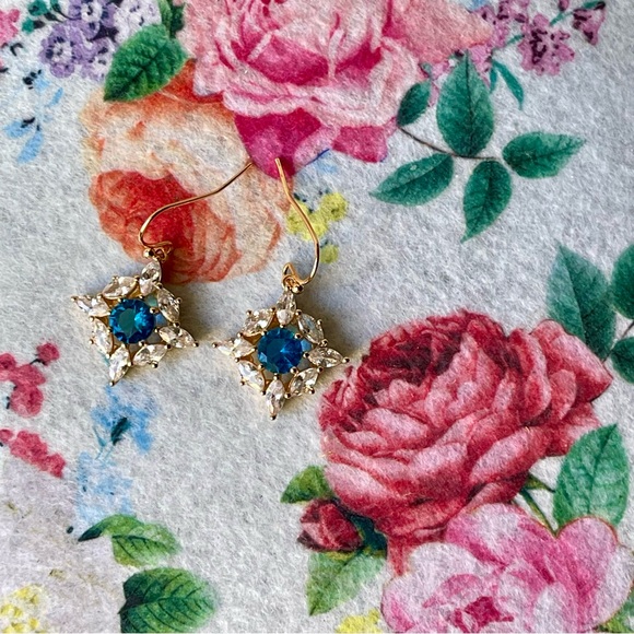 Bomb Party | Blue Center Stone and Clear Marquis Shaped CZ Gold Plated Earrings - Picture 13 of 13